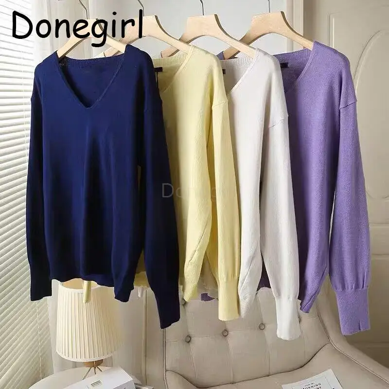 Donegirl2023WomenAutumnNewFashionVneckSolidCandyColorKnitted