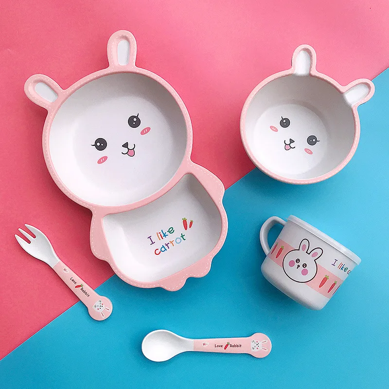 

Bamboo Fiber Children's Tableware Set Cartoon Animal Food Bowl Set with Spoon and Fork，Shatter Resistant Utensils for Kitchen