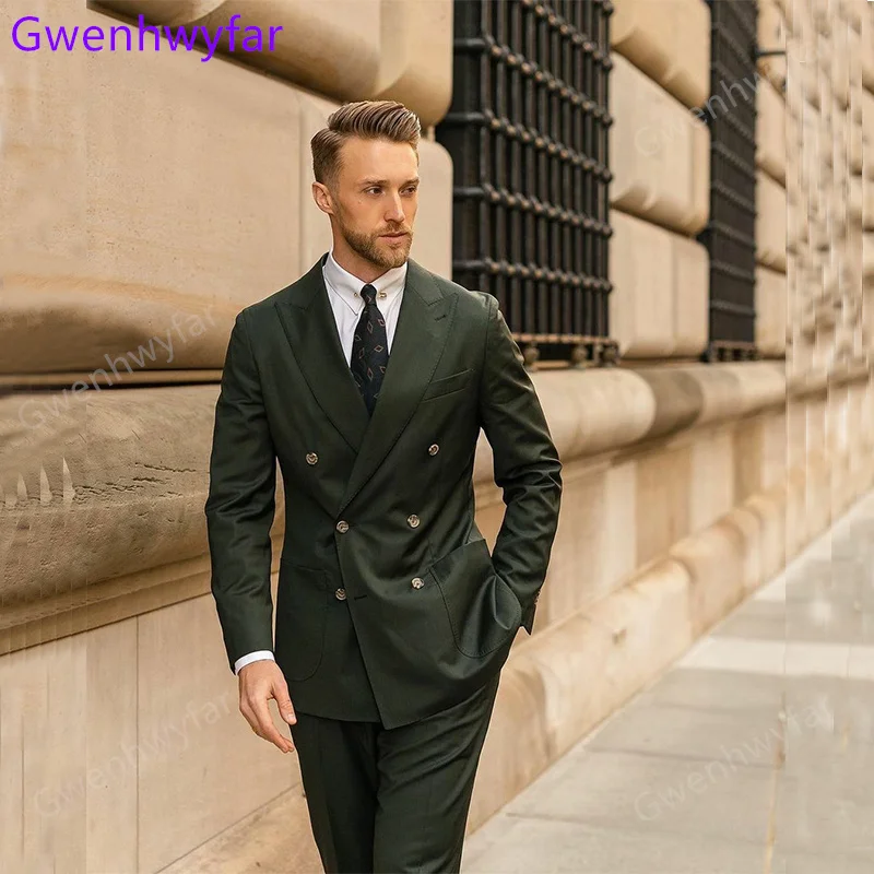 

Gwenhwyfar Hunter Green Military Tuxedo Suit Peak Lapel Double Breasted Male Costume Wedding Man Suits 2022 Fall