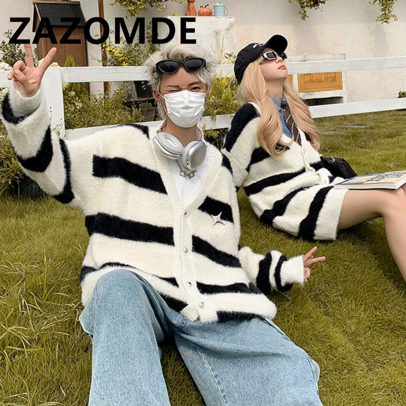 

ZAZOMDE Fashion Couple Cardigan Sweaters Men Zebra Stripes Y2k Sweaters Coat Baggy All-match Design Knitted Top Casual Sweater