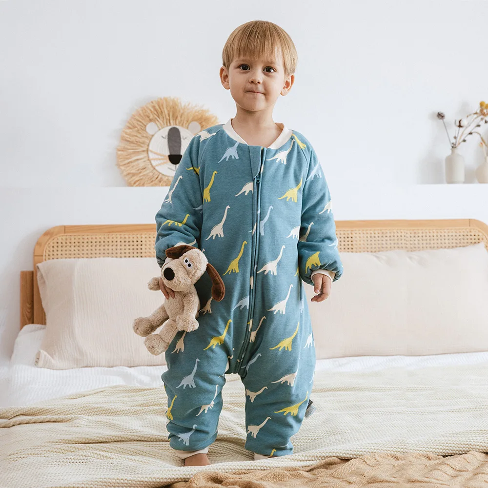 Kids Pajamas Winter Warm Sleepwear For 1-4 Years Boys Girls Split Legs One-Piece Jumpsuit Dinosaur Print Thicker Loungewear