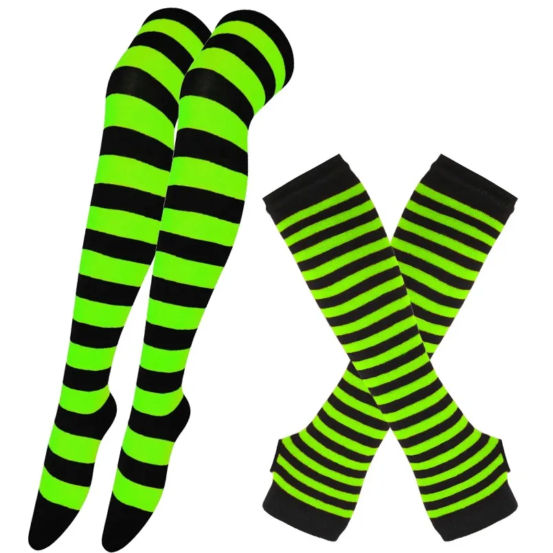 Women Thigh High Socks Arm Sleeve Gloves mittens Set Striped Stocking Ladies Girls Black White Long Over Above Knee Sock Lolita