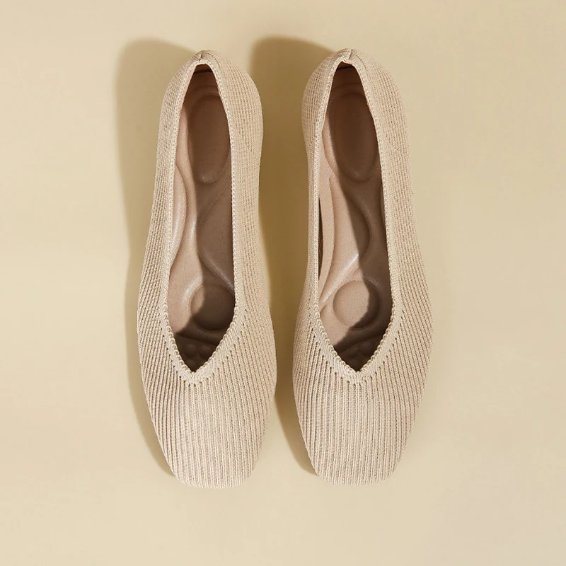 Women's Flat Casual Fashion Pattern Breathable Knitted Non slip Rubber Sole Square Head Comfortable Shoes Solid Color Leisure