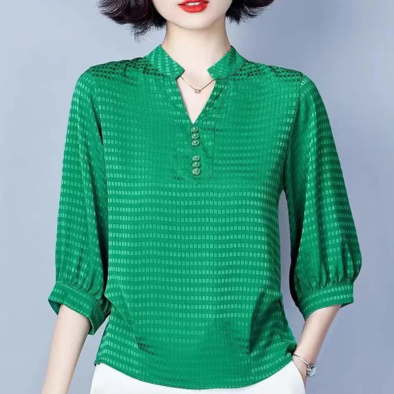 Summer New V-neck Fashion Long Sleeve Blouse Women Vintage Elegant Plaid Jacquard Weave Pullovers Button Patchwork All-match Top