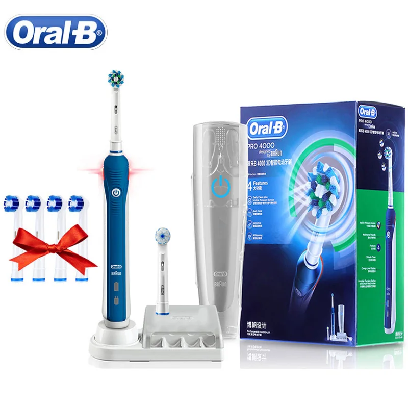 Oral B 3D Smart Spazzolino Elettrico Pro4000 Sensore Di Pressione Timer Batteria A Lunga Durata Spazzolino Da Denti 4 Testina Di Ricambio Regalo