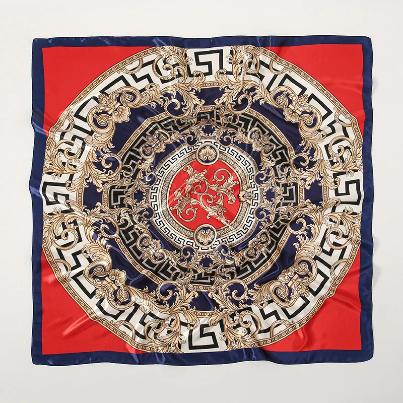 90X90CM New Print Warm Kerchief Luxury Brand Satin Finish Scarves Fashion The Four Seasons Hijab Popular Design Women Silk Scarf 5