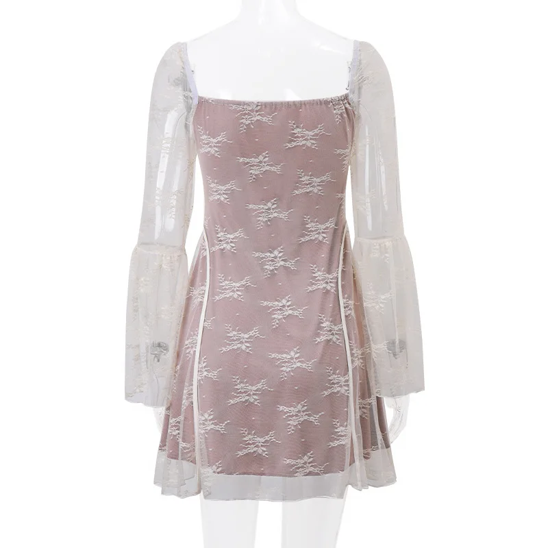 European and American women's new flared sleeve ballet style sexy and pure desire lace wrapped chest print long sleeved dress