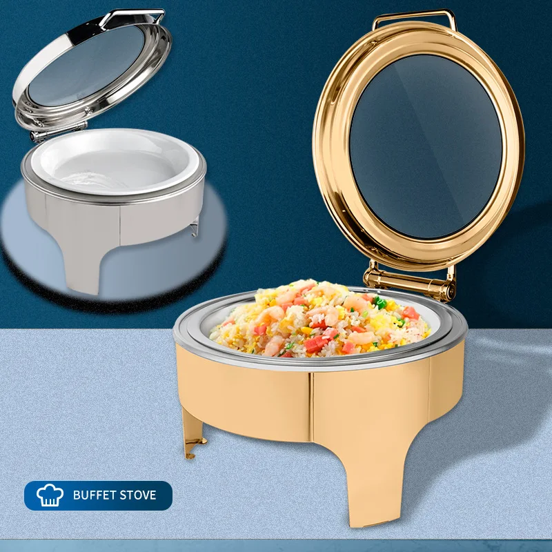 DCSYOG Ronde Chafing Dish, 6 liter, roestvrij staal, voedselwarmer met glazen deksel, warmtecontainer, levensmiddelenwarmer voor buffet, catering, gastronomie en feestjes (goud
