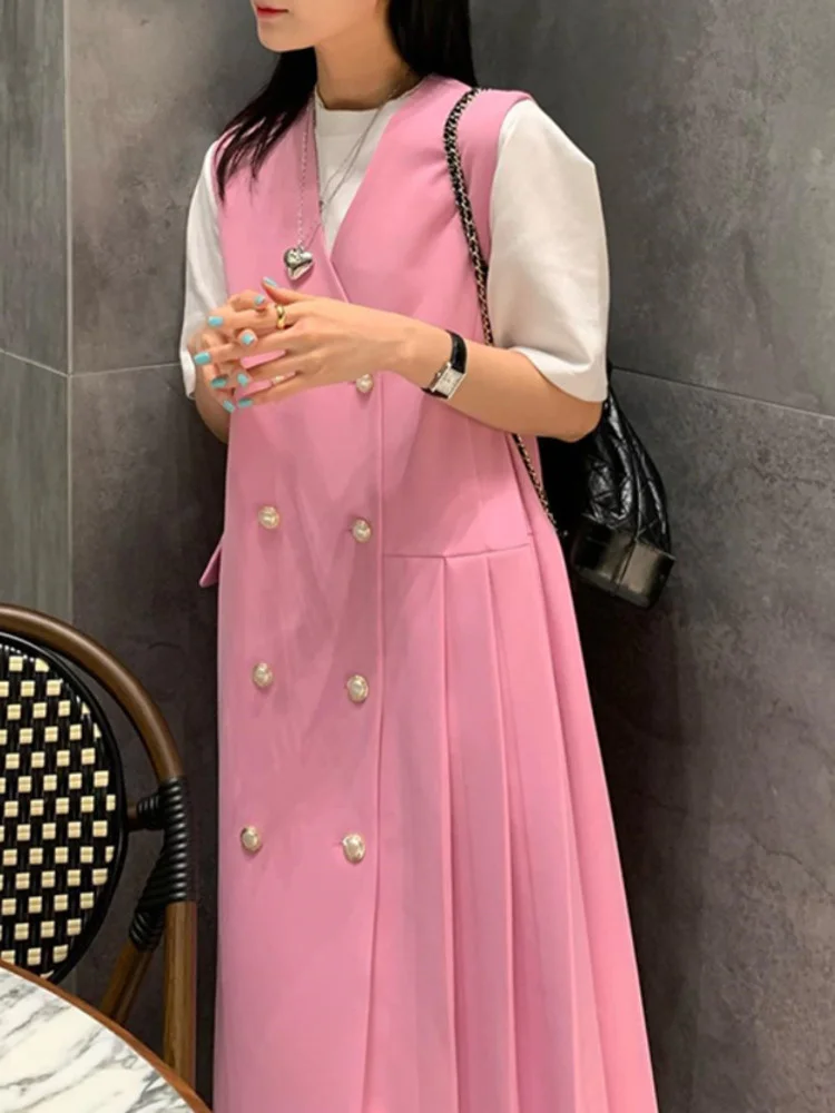 

Sweet Women V-neck Double Breasted pink Vest Dress Asymmetric Pleated Sleeveless Loose Dresses 2023 Summer Tide Vestido M992