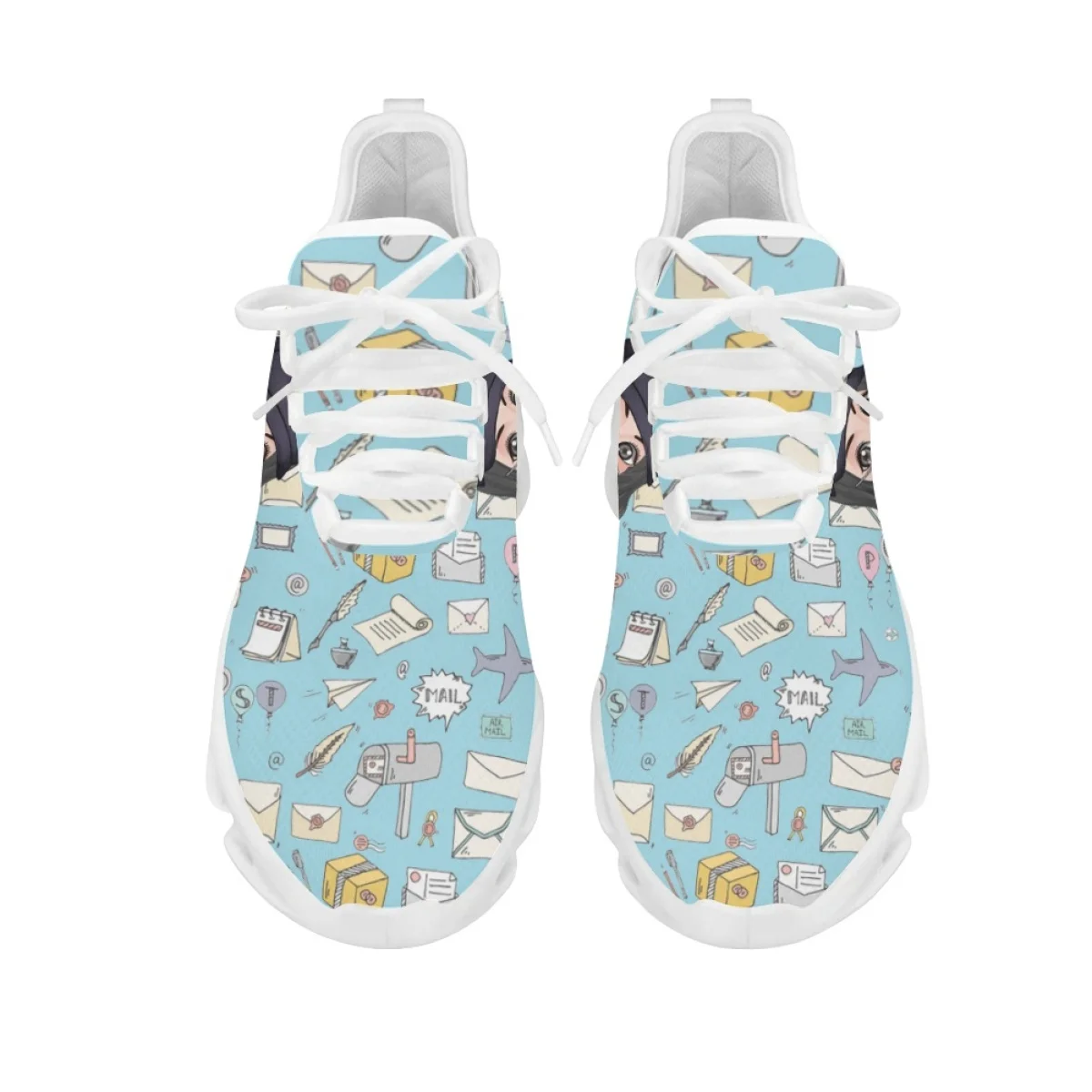 INSTANTARTS Cartoon Strong Girls Pattern Mesh Sneakers for Women Lightweight Lace-up Flat Shoes Wear Resistant Cushion Footwear