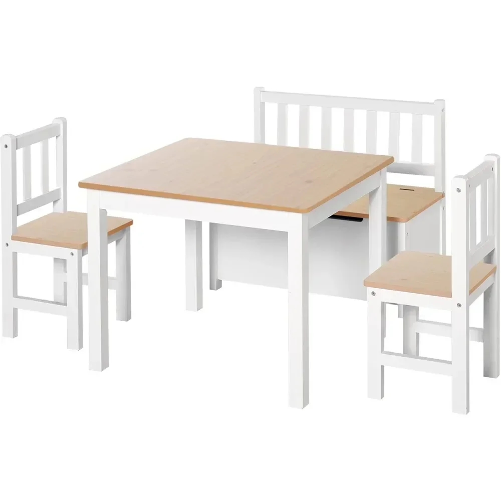4-Piece Kids Table Set with 2 Wooden Chairs, 1 Storage Bench, and Interesting Modern Design, Natural/White