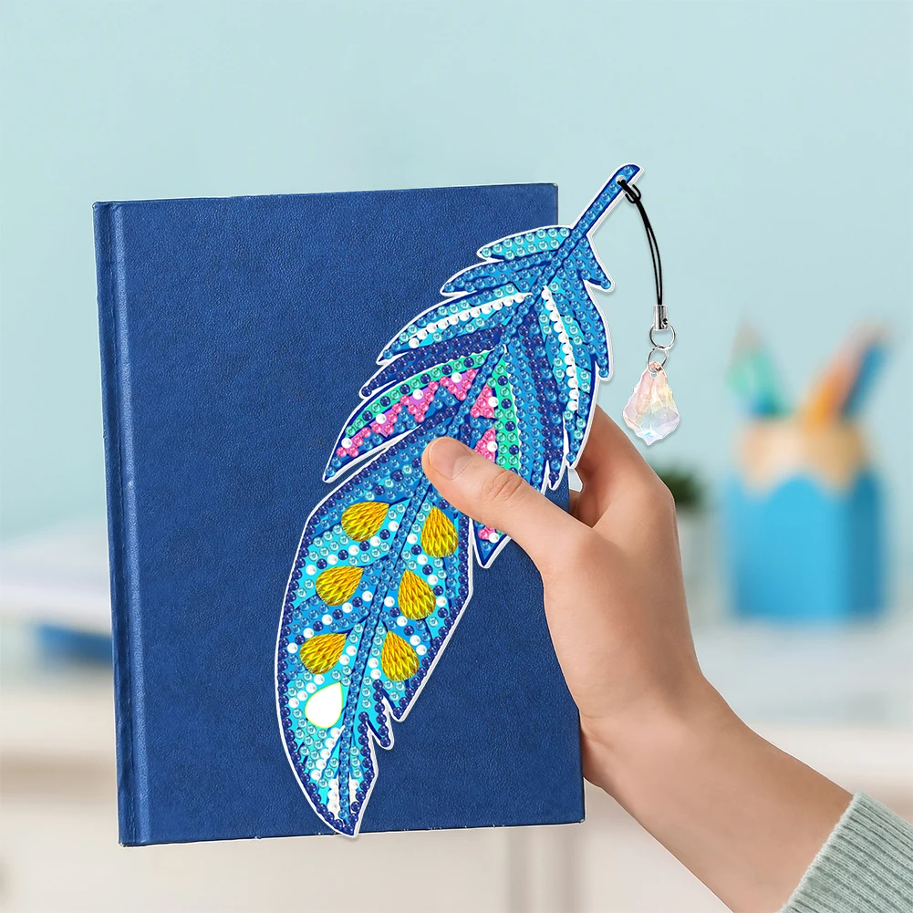 6pcs 5D DIY Feather Shape Bookmarks Diamonds Painting Student Gifts Special Shaped Drill Home Office School Class Project