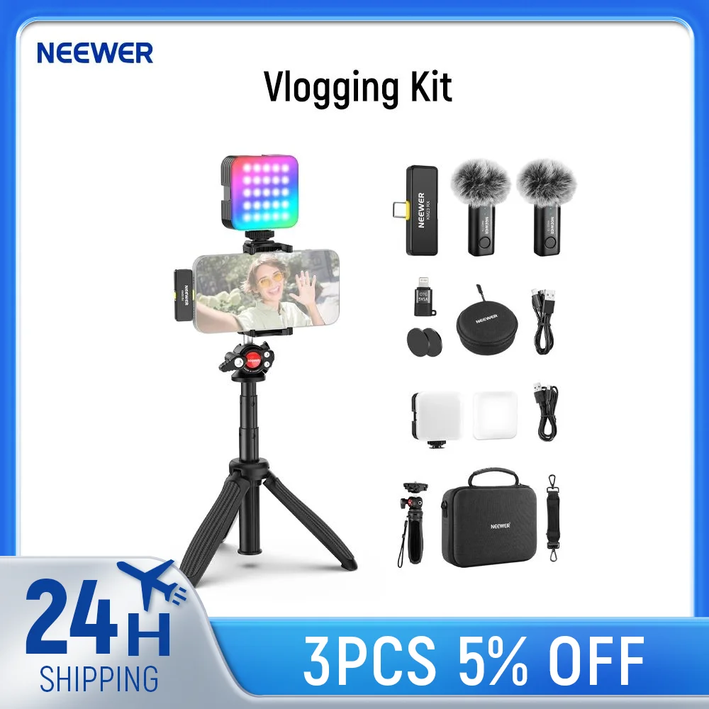 NEEWER Vlogging Kit for Phone with RGB LED Light/Lavalier Wireless Microphone System/Selfie Stick Tripod for iPhone Android