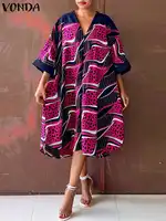 Plus Size 5XL VONDA Women Summer Dress 2024 V Neck Bohemian Printed Beach Sundress Casual Midi Vestidos 3/4 Sleeve Loose Robe