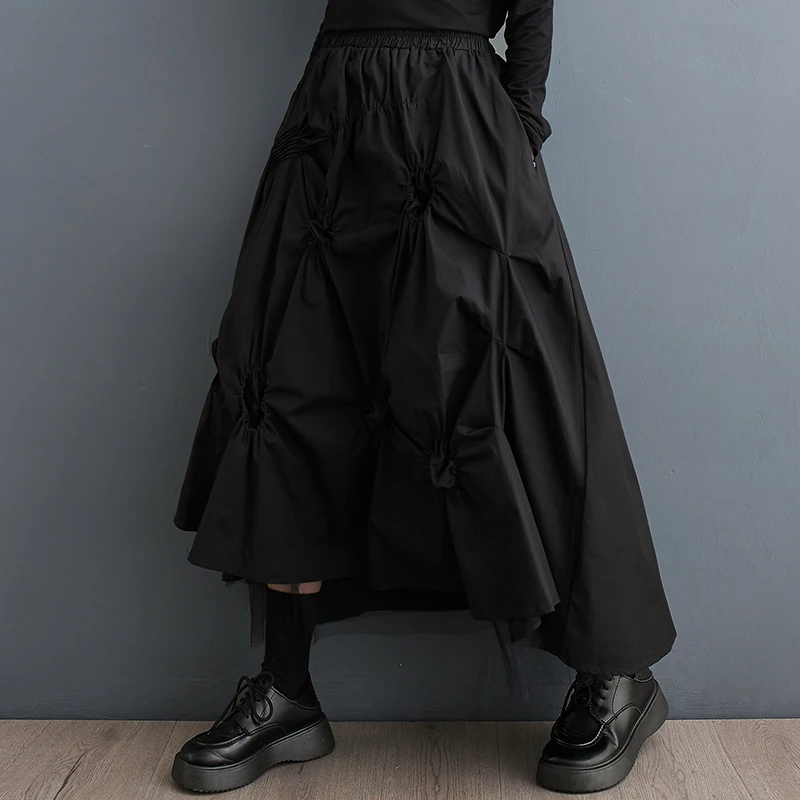 

#3067 Spring Autumn Black High Waisted A-line Skirt Women Loose Ankle-length Split Joint Mesh Ruffles Irregular Skirt Ladies