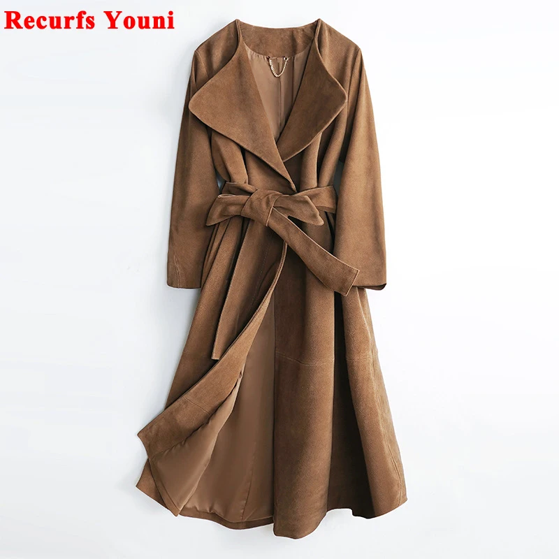 

Luxury Nubuck Leather Trench Coat For Women 2023 Autumn/Winter Sash Cowhide Suede Windbreaker Feminino Outdoor Long Jacket