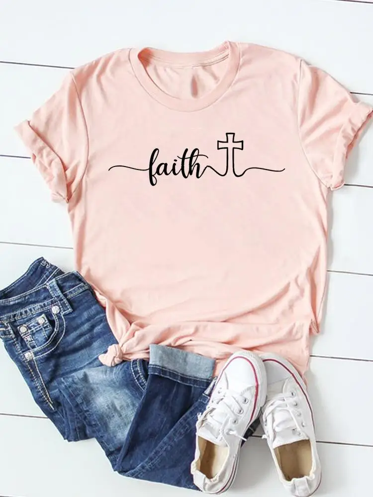 

Tee Top Fashion Faith Style Trend Cute Summer O-neck Print Short Sleeve Clothing Graphic T-shirt T Shirt Women Clothes