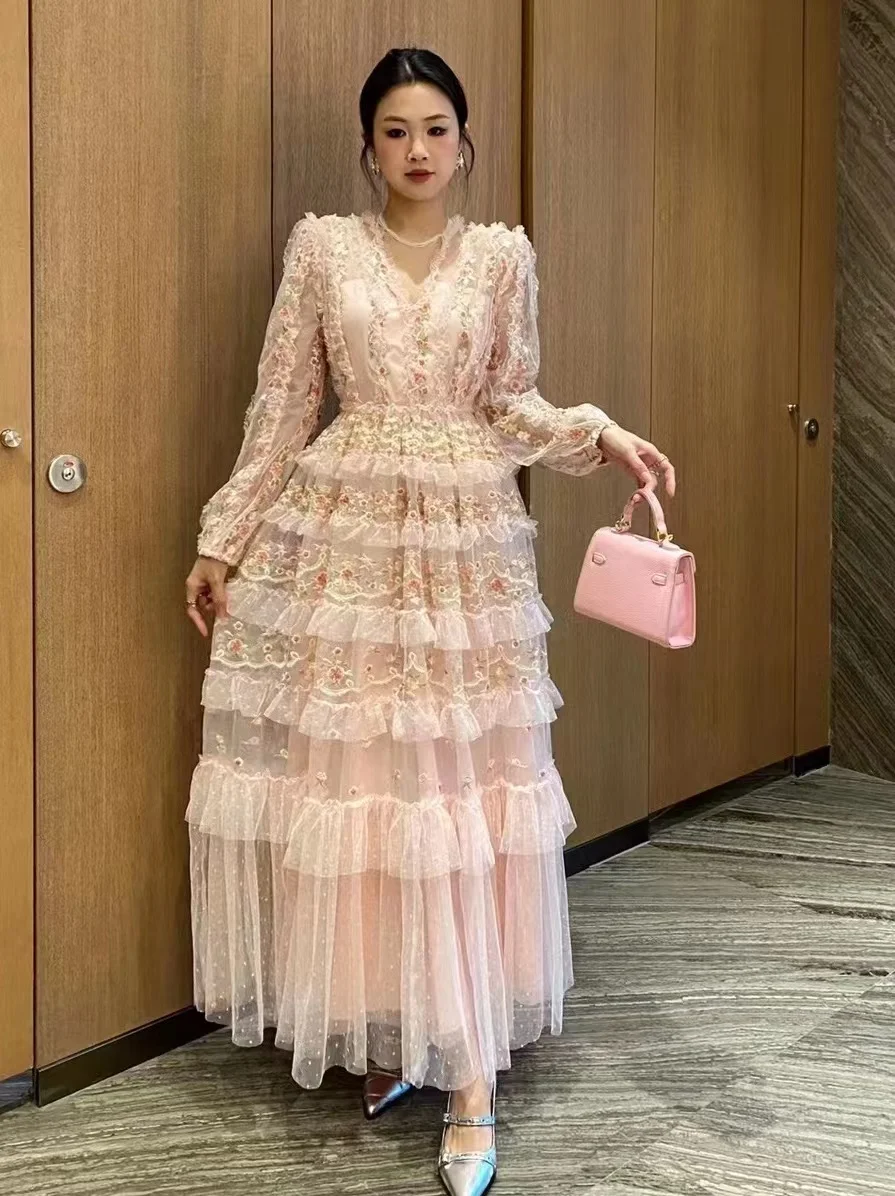 

JAMERARY Runway Brand Design Flower Embroidery Summer Holiday Long Sleeve Prom Evening Cake Dress Women Mesh Tulle Lace Vestidos