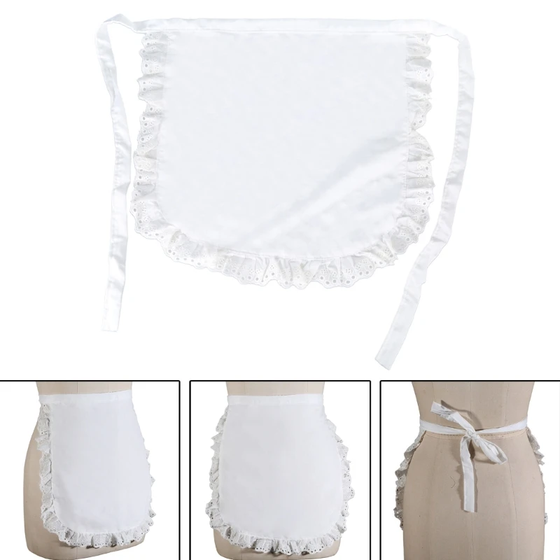 Lace White Cotton Waist Apron Kitchen Half Apron With Two Pockets Cosplay Costume, White