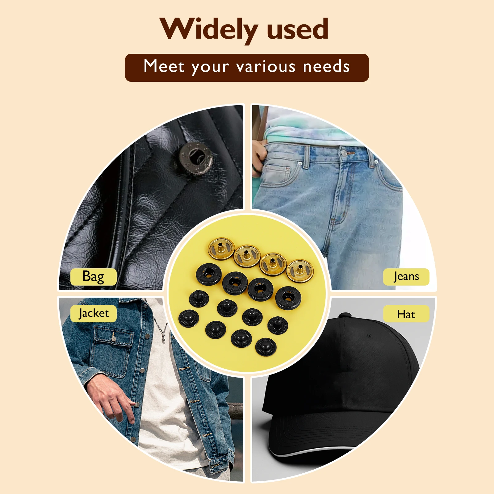 12 Sets 0.6inch Metal Snap Buttons Kit with 4 Installation Tools DIY Snap Button Leather Buckles for Clothes Jackets DIY Crafts