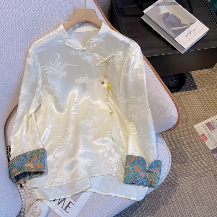 

Новая белая женская весенняя одежда 2024, Новая китайская рубашка с внутренней подкладкой, топ Song Jin из уксусной кислоты в стиле Тан