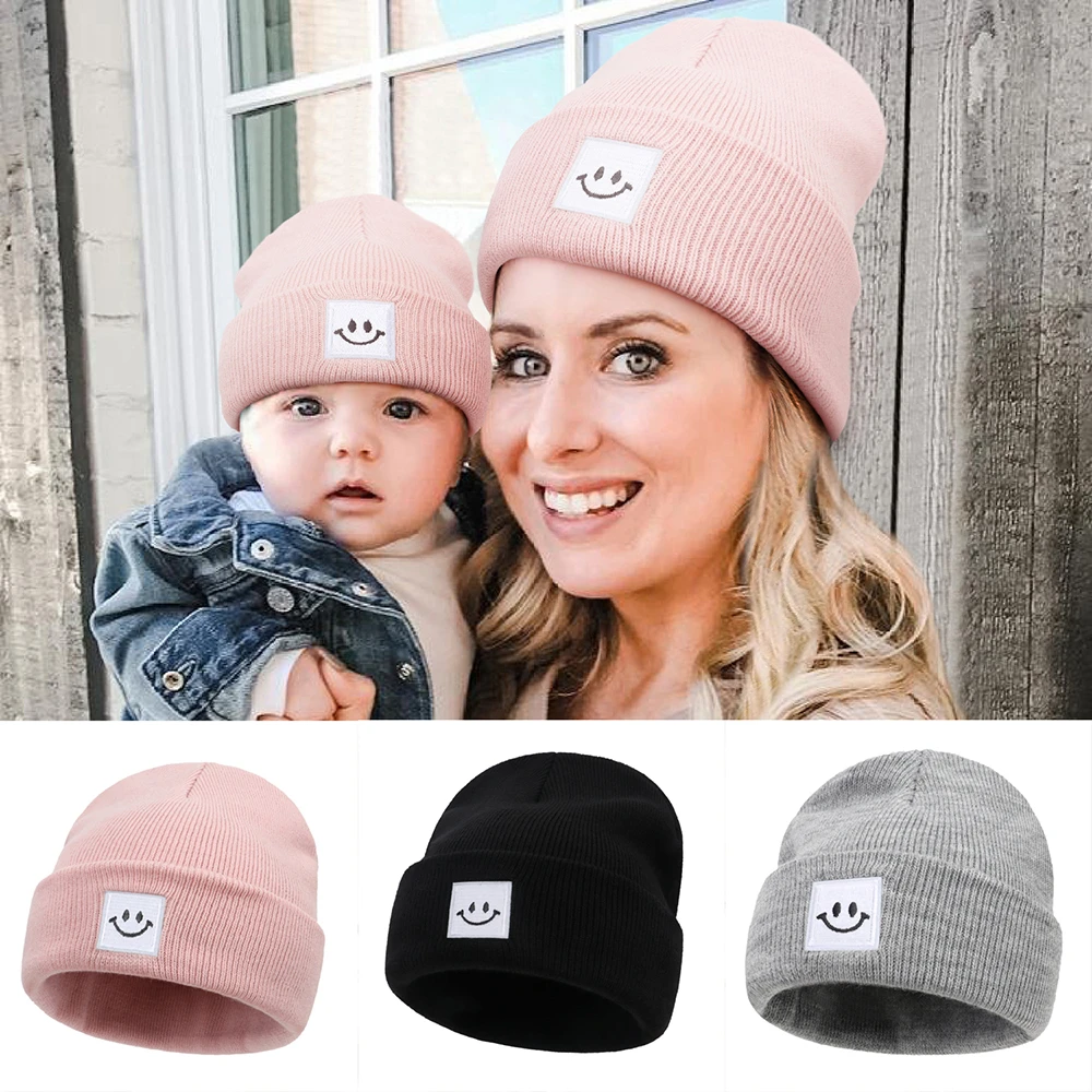  Solid Knitted Hat Smile Embroidery Winter Hats For Women Men Skullies Beanies Parent Kid Beanie Hat Gorro Warm Bonnet Winter Cap 