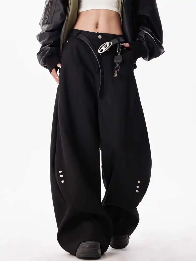 パンツ 00s wide black slacks archive y2k Women Dark Grey Urban Pants Baggy Oversize Suits Long Pants