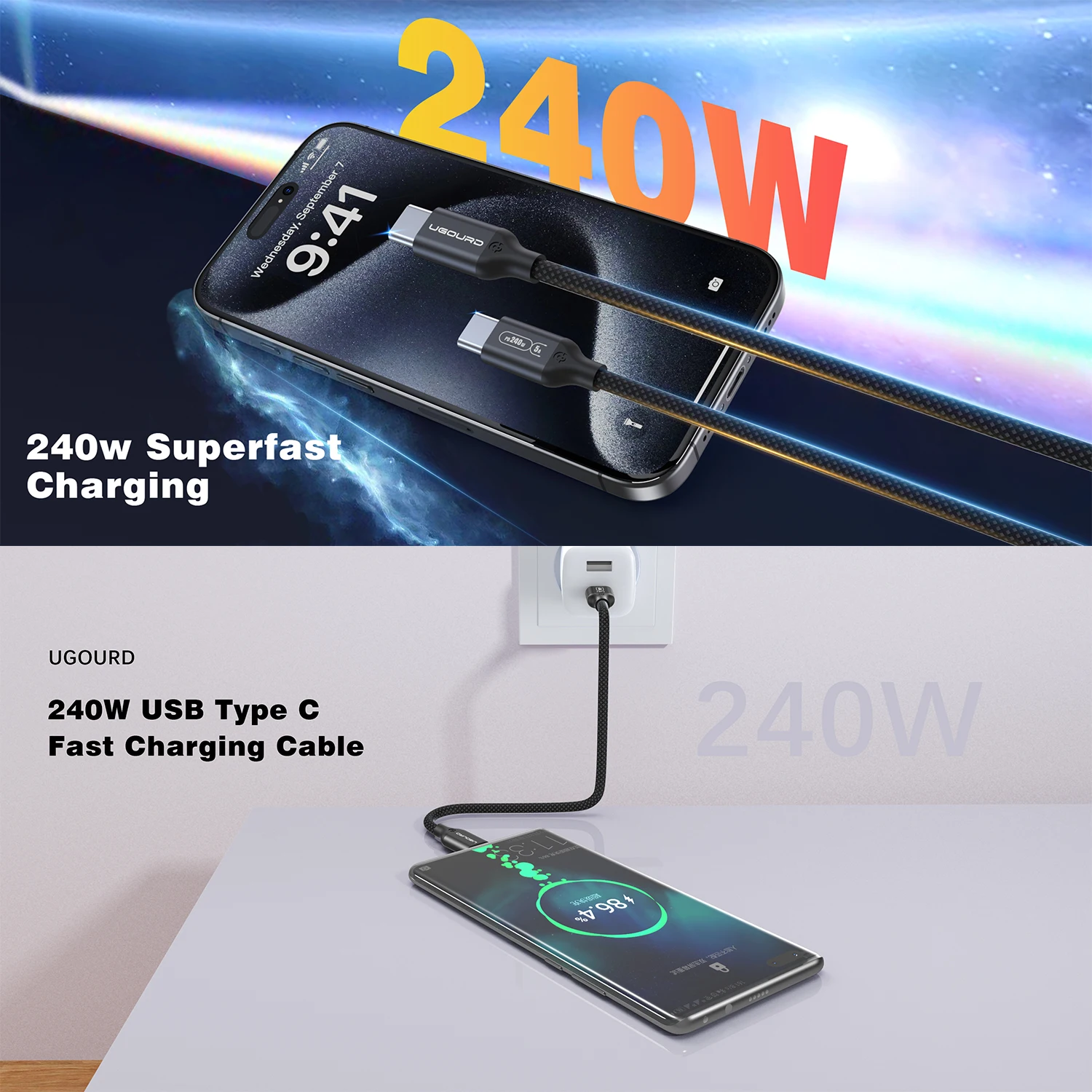 UGOURD Type C 240W Super Fast Charge Cable USB C PD 60W Quick Charging Power cord for iPhone15 Plus Pro SAMSUNG Huawei Xiaomi BEST SELLERS