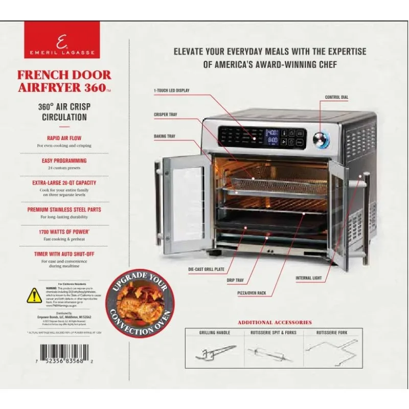 Emeril Lagasse 26 QT Extra Large Air Fryer, Convection Toaster Oven with French Doors, Stainless Steel 2