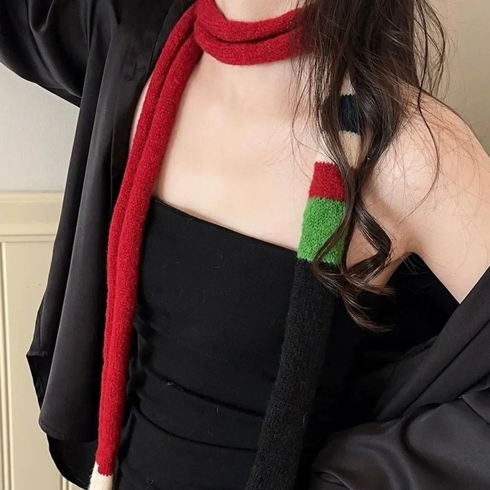 Korean Wool Striped Scarf Women's Thin And Narrow Long Scarf Y2K Girls Striped Decoration Scarves Winter Warm Patchwork Scarf