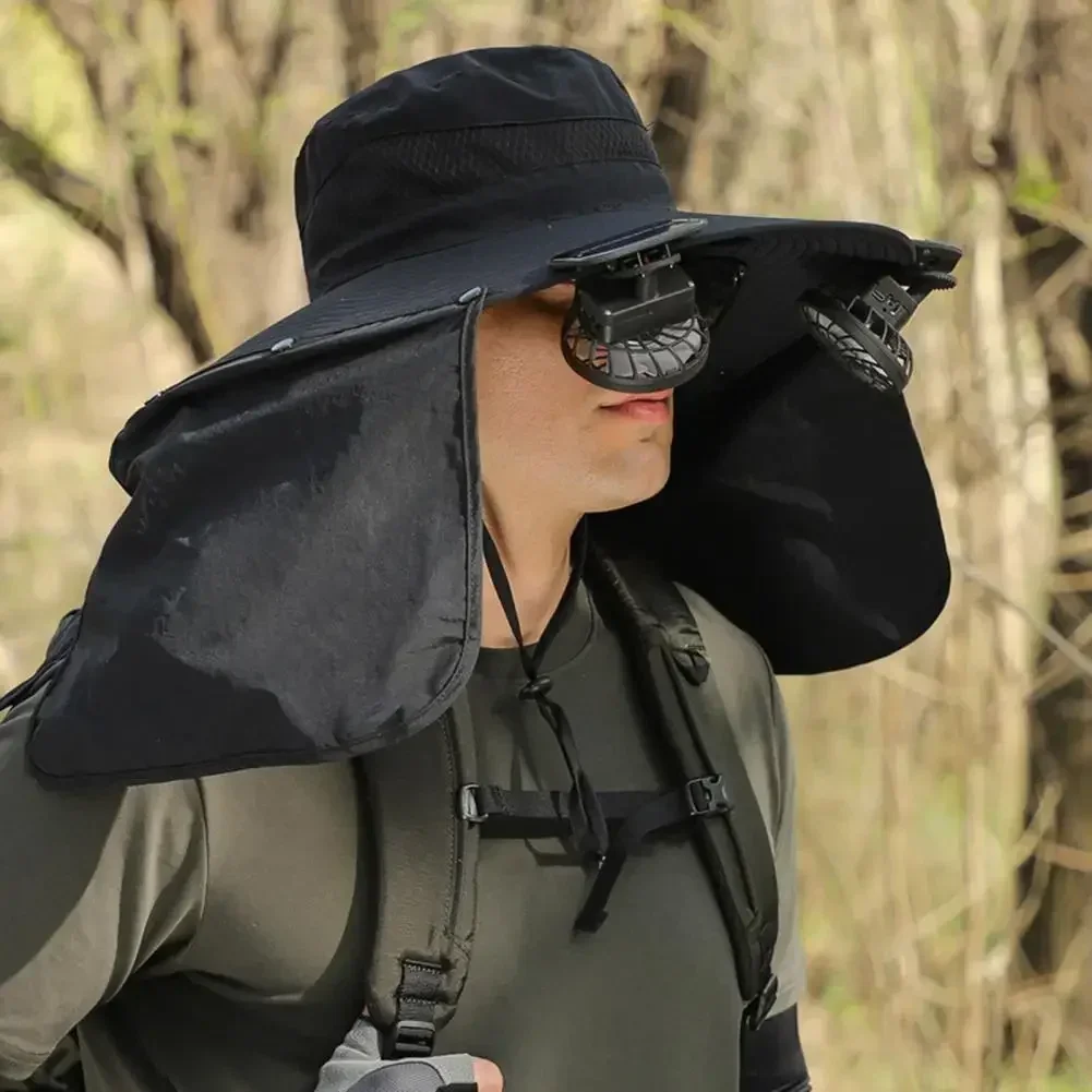 Digital Display Screen Sun Hat with Solar Fan Breathable Mesh Solar/USB Charging Face Cover Bucket Hat 5 Modes Adjustable