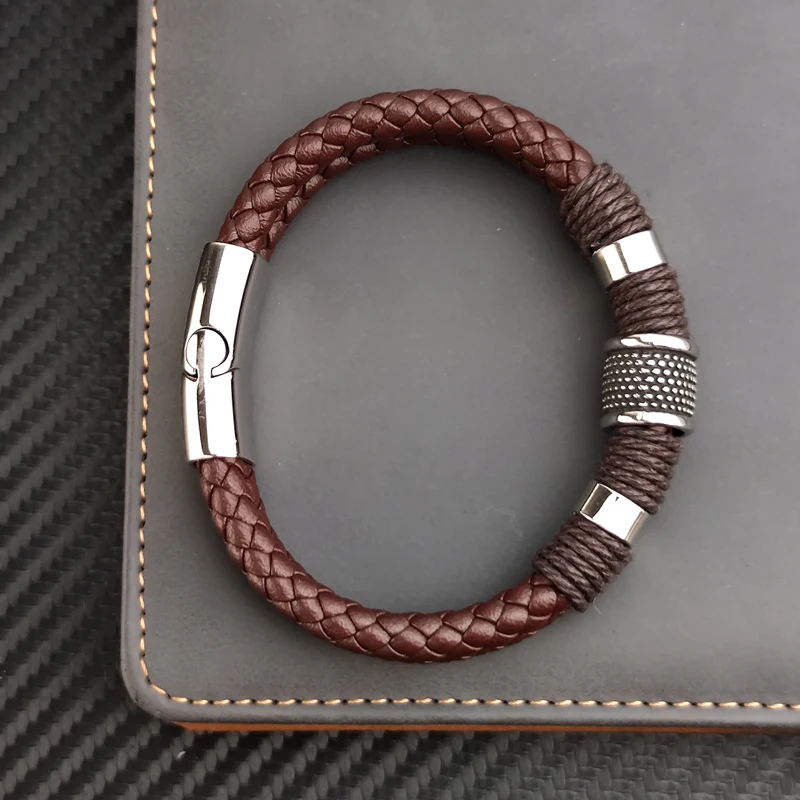 Charm Vintage Multilayer Brown Genuine Leather Men Bracelet Stone Bead Bracelet Stainless Steel Jewelry Male Wrist Bangle Gift