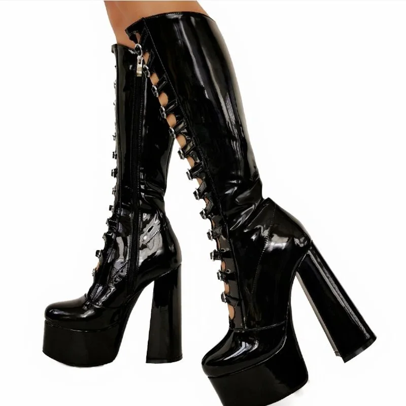 

Lolita Style Buckle Strap Chunky Heel Knee High Boots Black Patent Leather Round Toe Hollow Platform Long Boots Size47