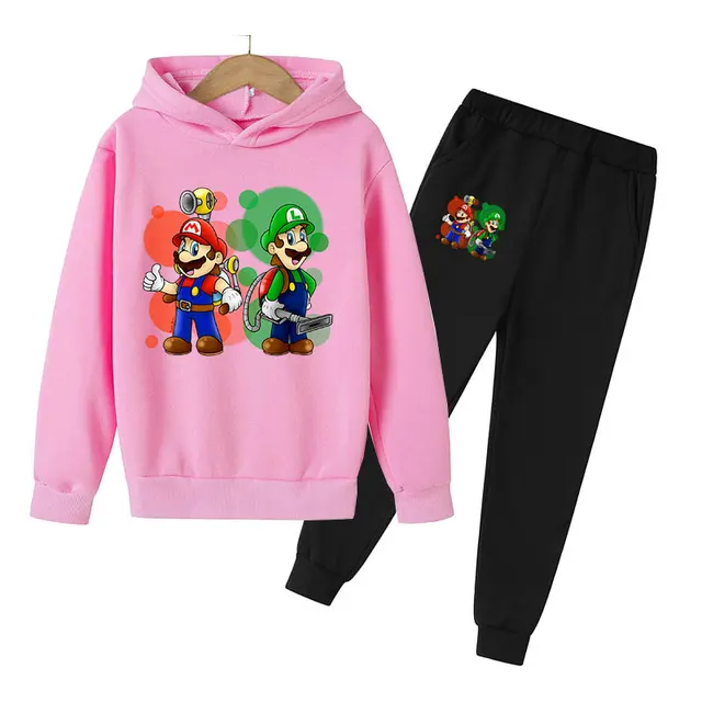 4 14 Years Mario Sports Set Cotton Hoodie Trousers Loose Two piece Set Children s Fashion