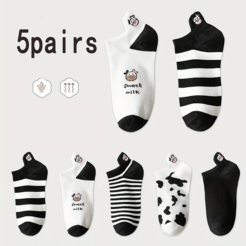 5 Paar Damen socken schöne Kuh muster kurze Socken kreative Drucks ocken Knöchel socke – Detail 4