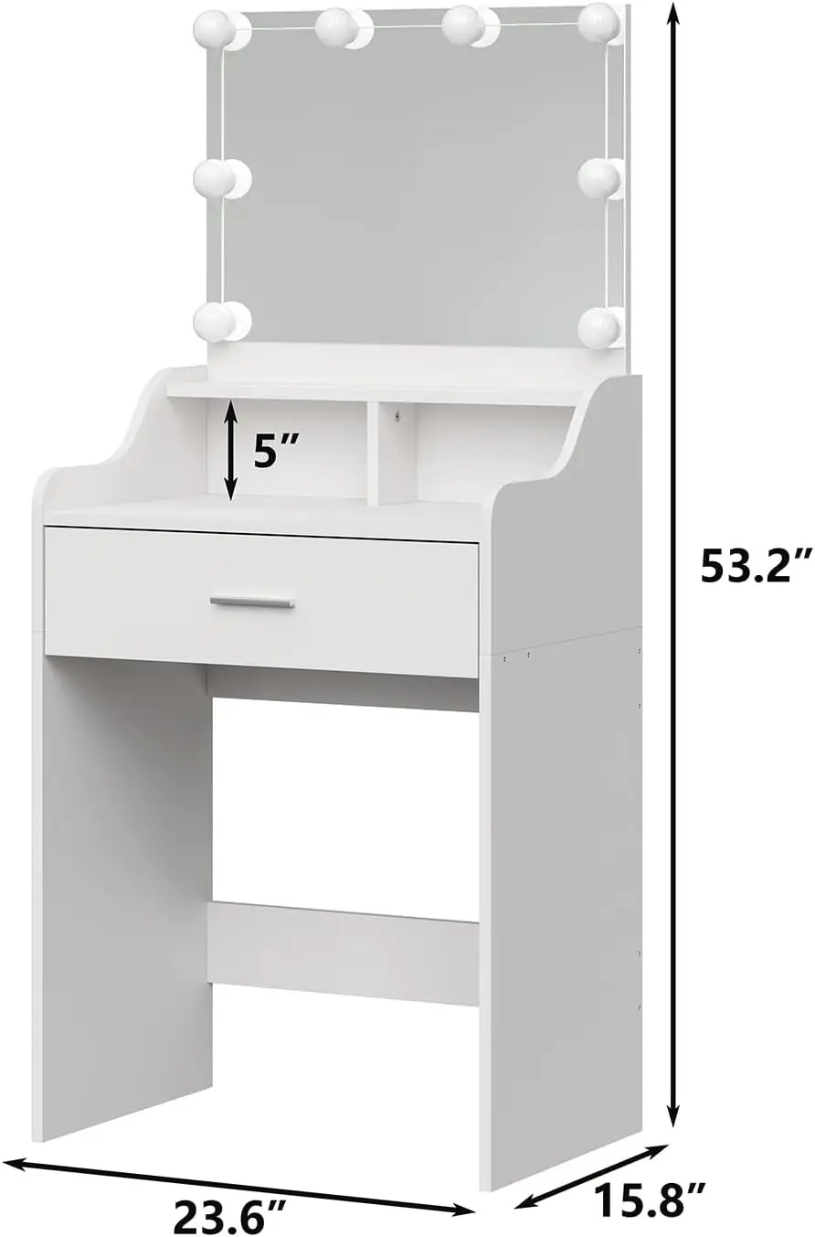 Vanity Desk with Mirror and Lights 23.6" Small Makeup Vanity Table Set with Storage Drawer 3 Lighting Modes Adjustable Brightnes