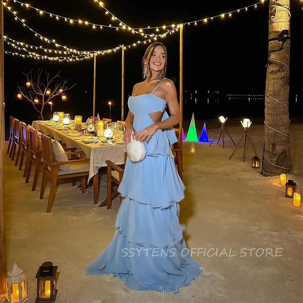 Sexy Blue Evening Dresses Arabic Spaghetti Straps Tiered Ruffles Formal Party Prom Gowns Floor-Length Robe de soiree Summer