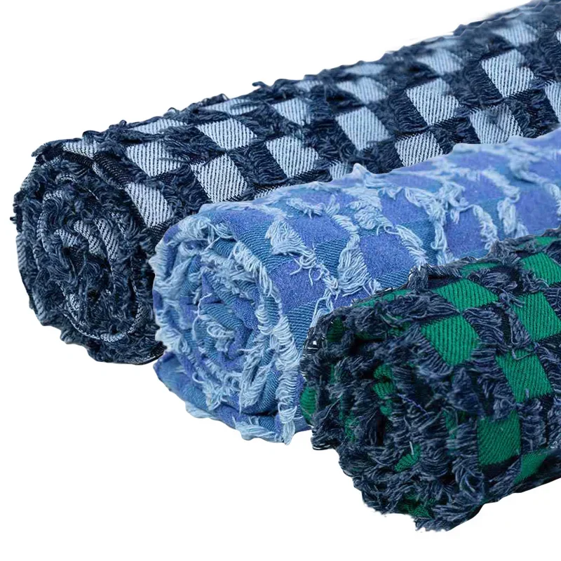 Jacquard Plaid Pure Cotton Denim Fabric After Washed Thick Sewing Jeans Dress Bags Pants Blazer Telas Textile Material 50x160cm