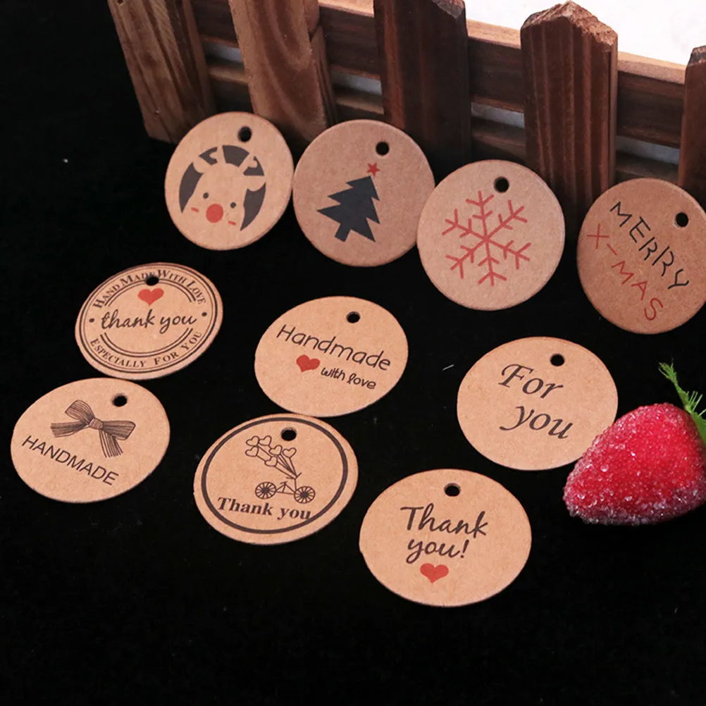100Pcs 크래프트 종이 교수형 태그 라운드 홀 빈티지 소박한 선물 태그 결혼식 호의 생일 크리스마스 컵케익 토퍼