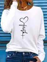 Haut à manches longues pour femmes, col rond ample, couleur unie élégante, t-shirt en polyester tricoté, mode automne et hiver, motif cœur 4
