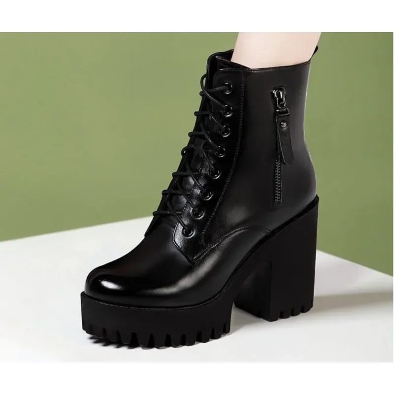 

Женские ботинки со шнуровкой, Черные ботильоны из мягкой кожи на платформе и высоком каблуке, Осень-зима, 2024