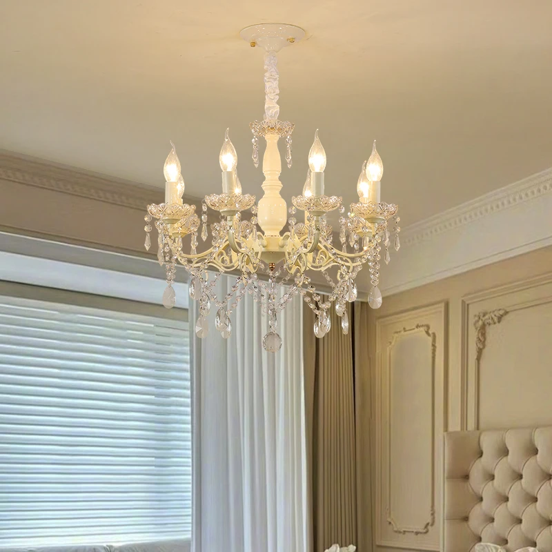 French Crystal Chandeliers Milky White Crystal Lamps Light Luxury Cream Style Dining Table Princess Room Girl Bedroom Chandelier