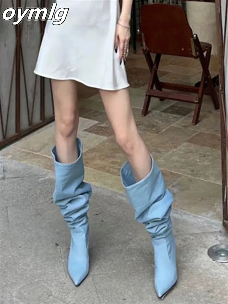 Wide tube large circumference denim pile up boots children's new summer 2023 pointed high heels long boots thin heels high boots