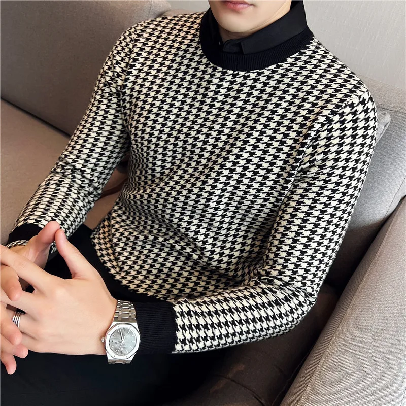 Turtleneck Sweater Basic Sweater Jacquard Sweater Brand Clothing Men Winter Thermal Knitting Sweater/Male Slim Fit Shirt Collar Fake two Piece Pullover Sweatres