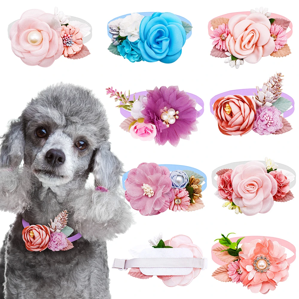 

20/50PCS Valentine's Day Dog Bowtie Cat Dog Necklace with Pearl Diamond Decorate Spring Dog Flower Shape Collar Dog Accessories