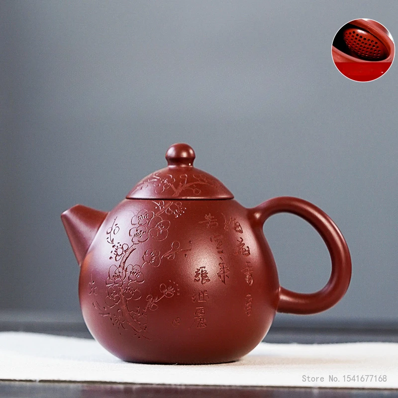 Chinese Style Plum Blossom Pattern Teapot, Purple Clay Raw ore Dahongpao, Kung Fu Household, Pure Handmade, 220ml, Tea Pots, 1Pc