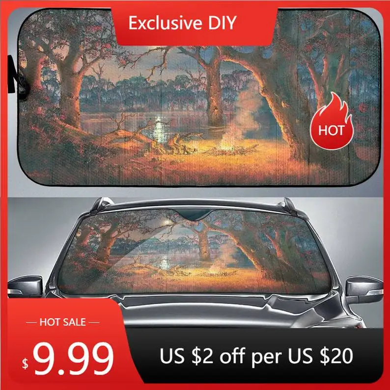 

Cowboys around the Campfire Auto Sunshade With Desig n Silver, Red, Orange Blue Brown Car Sunshade Art