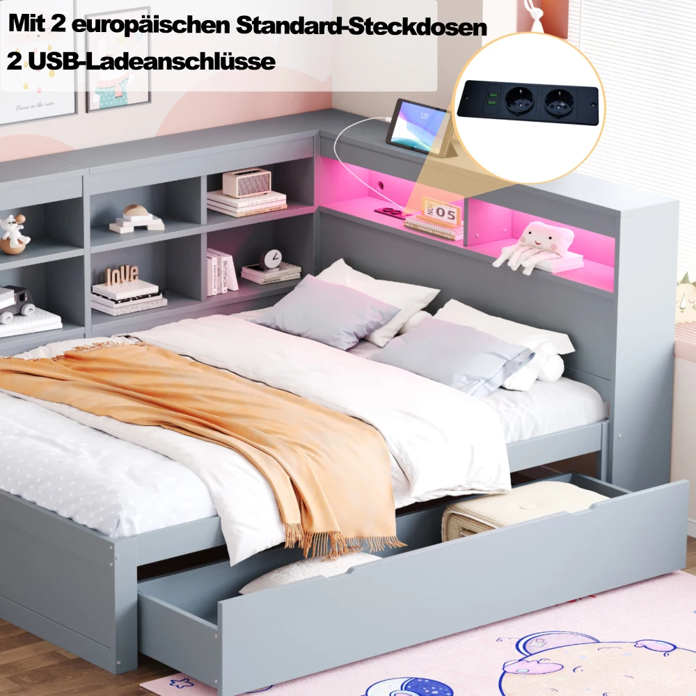140 x 200 cm großes Schlafsofa aus Massivholz, mit extra großen Schubladen und Ablagefächern, mit USB-Buchse und LED-Lichtleiste, Weiß/Grau – Detail 20