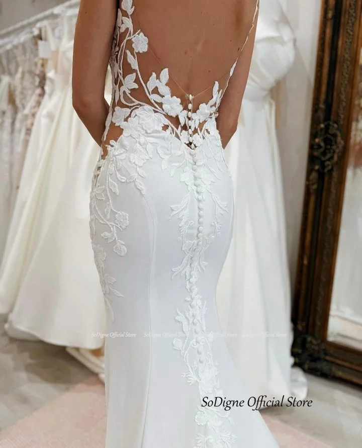 SoDigne Mermaid Satin Wedding Dresses V-neck Spaghetti Straps Lace Appliques Bridal Dress Long 2025 Bride Gown Customized 4