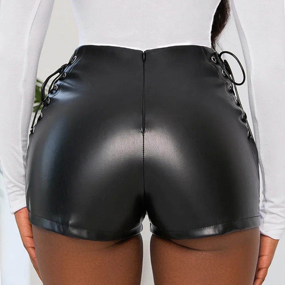 Women Faux Leather Tight Shorts Fashion High Waist Black Side Bandage Short Pants Sexy Skinny Nightclub Clubwear Hot Pant Shorts